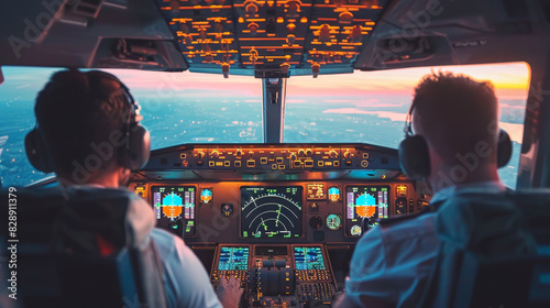 Two pilots are in the cockpit of an airplane photo