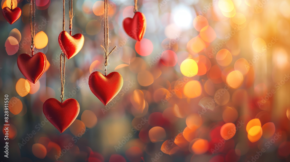 A bunch of red hearts hanging from a string