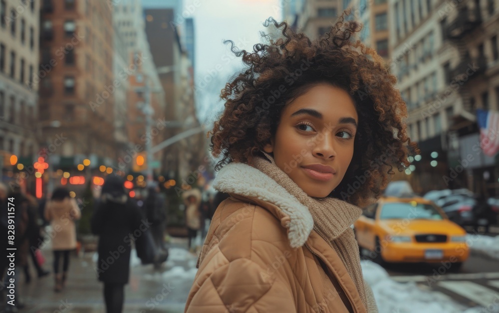 A young woman with curly hair wearing a brown jacket stands on a bustling city street A young woman with curly hair wearing a brown jacket stands on a bustling city street