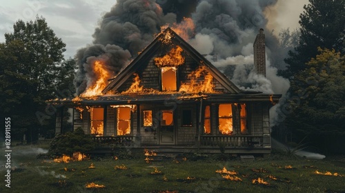 Photo of an old house on fire, flames and smoke billowing from the windows, set in front yard of home, high resolution, high quality, high detail, © Khalif