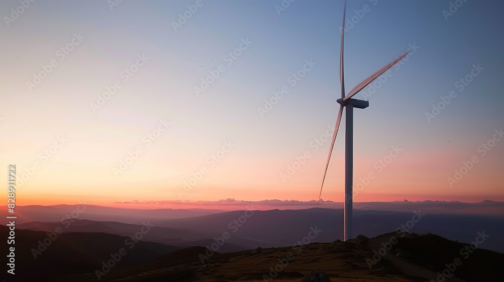 Obraz premium A wind turbine is standing on a hill in the evening