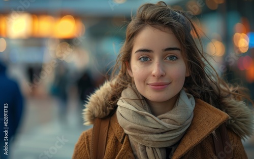 A young woman wearing a coat and scarf walking along a city street