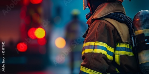 A firefighter in full gear, seen from behind, stands alert and ready to respond to an emergency, highlighting bravery and preparedness