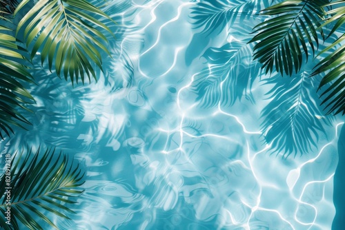 blue surface of the pool with reflecting green tropical leaves