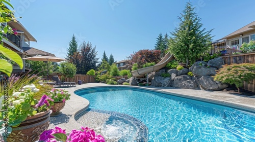 photo of backyard with pool and slide, flower pots in the corner, sunny day, blue sky, suburban neighborhood, pacific northwest landscape design with the photo