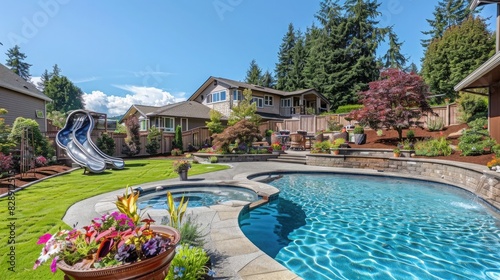 photo of backyard with pool and slide, flower pots in the corner, sunny day, blue sky, suburban neighborhood, pacific northwest landscape design with the photo