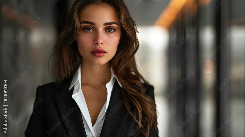 A professional woman in a power suit, her attire symbolizing her strength and authority in the corporate world A professional woman in a power suit, her attire symbolizing her strength and authority in the corporate world