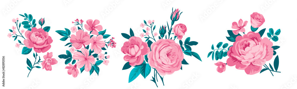 Collection of small pretty rose bouquets for design of greeting cards