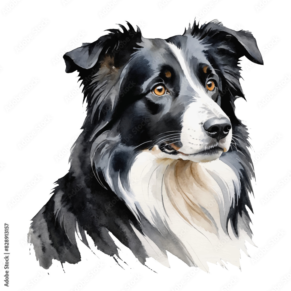 Black and White Collie Dog Hand Drawn Watercolor Painting Illustration Black and White Collie Dog Hand Drawn Watercolor Painting Illustration