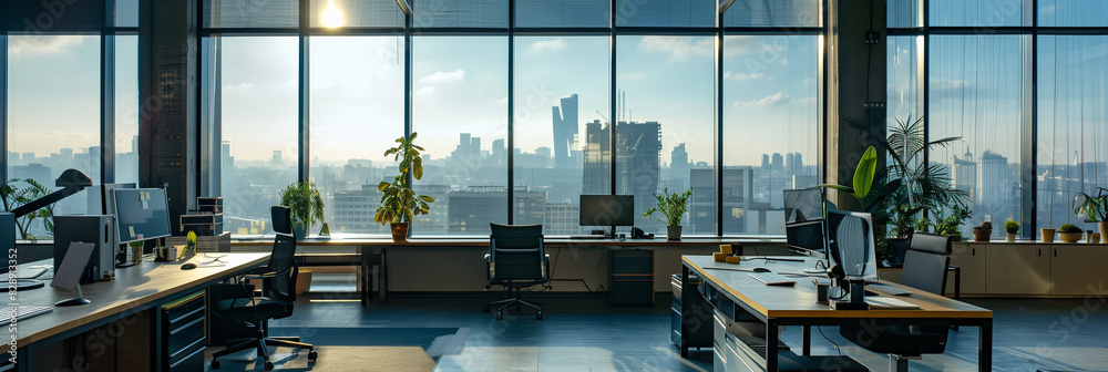 Close up of modern office interior and beautiful view outside the window