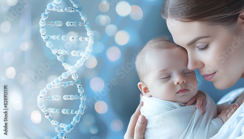 Noninvasive prenatal testing (NIPT). Woman holding sleeping baby on light blue background, closeup photo