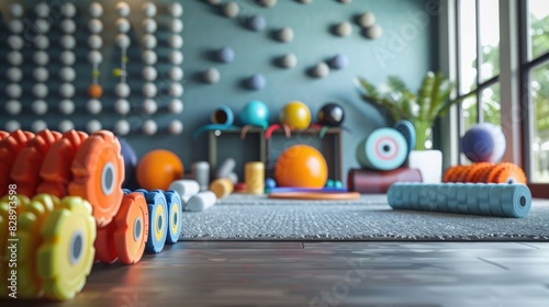 A fitness studio with a variety of foam rollers and massage balls  with a few scattered exercise bands and tubes  ready for post-workout recovery and self-myofascial release.