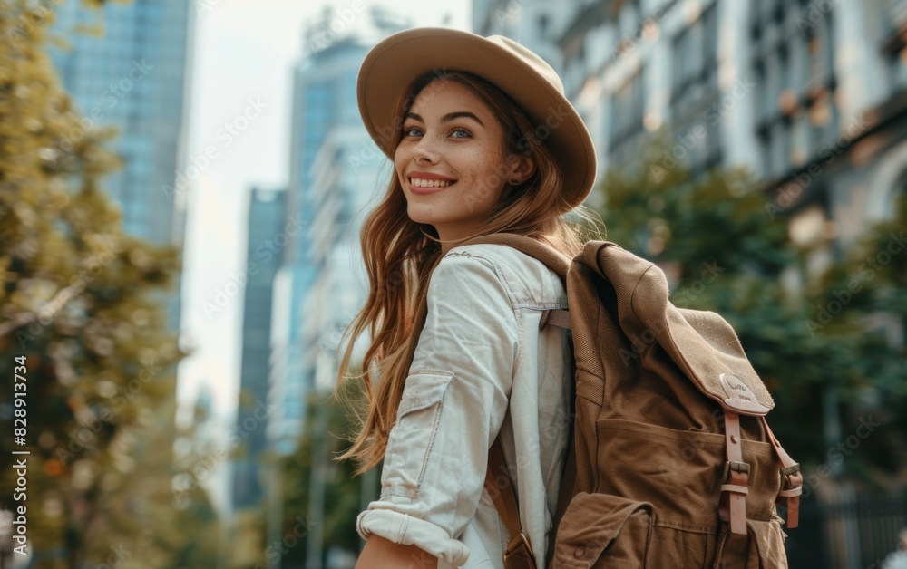 Fototapeta premium A young woman, wearing a brown hat and backpack, walks across the scene