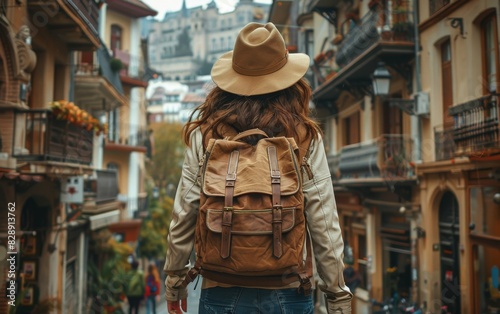 A young woman wearing a hat and carrying a backpack walking down a city street