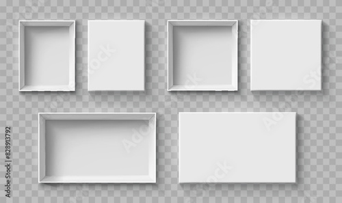 Open and close white gift boxes set, white square box top view, open cap, empty packages mockup 3d isolated, container mockup, empty carton package, realistic paper box - vector for stock