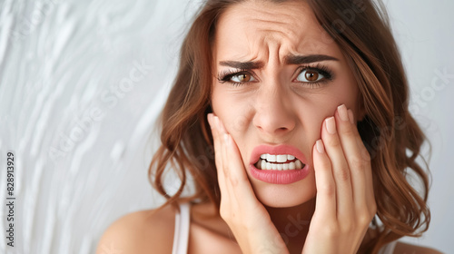 Young woman holds her cheek with her hand and suffers from severe toothache, light background. Dental diseases concept, problems with teeth and tooth enamel