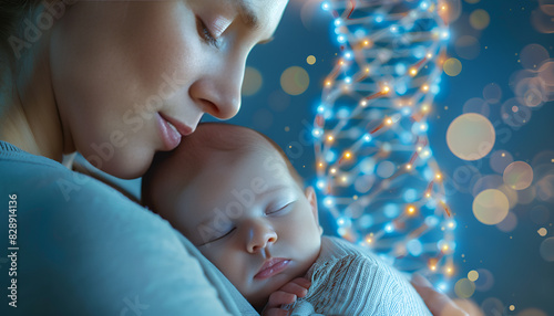 Noninvasive prenatal testing (NIPT). Woman holding sleeping baby on light blue background, closeup photo