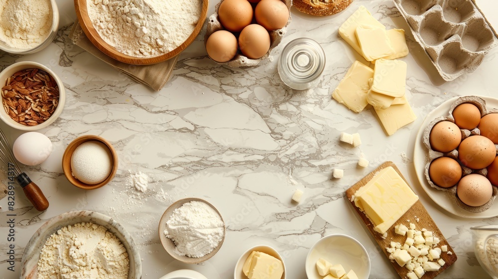 Top-view of a kitchen countertop filled with ingredients for a baking session, including flour, eggs, sugar, and butter, alongside bowls and utensils. The organized yet casual setup leaves ample copy Top-view of a kitchen countertop filled with ingredients for a baking session, including flour, eggs, sugar, and butter, alongside bowls and utensils. The organized yet casual setup leaves ample copy