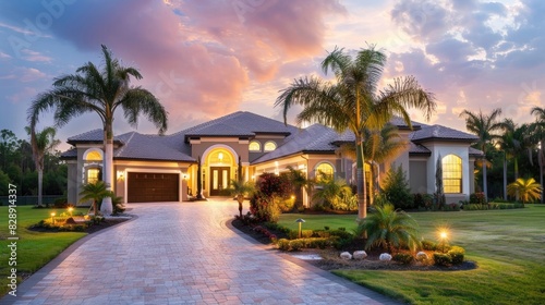 photo of beautiful home in florida with palm trees and large driveway, front view © Khalif