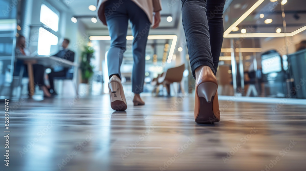 Two women walking in a room with a lot of chairs and tables