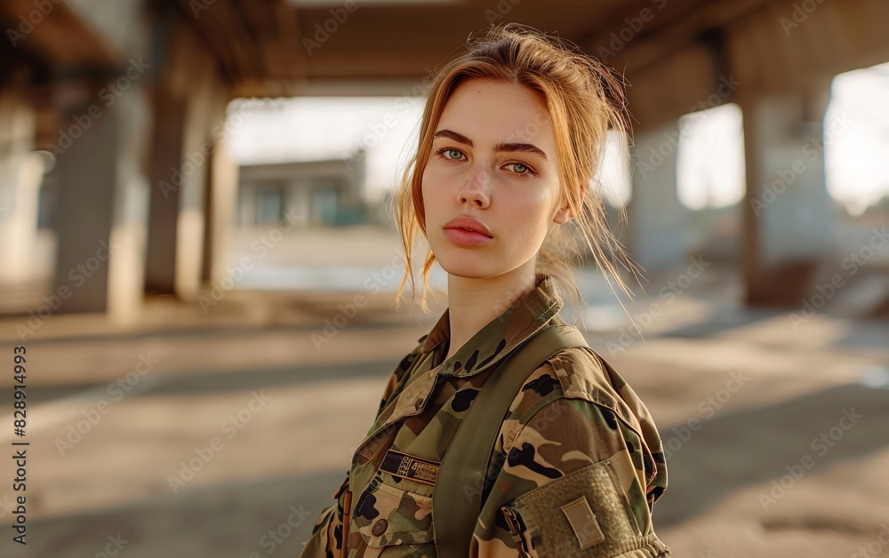 Fototapeta premium A young female soldier in a military uniform stands confidently in a parking lot