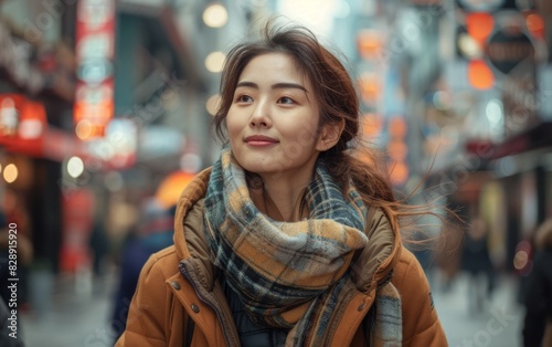 Wallpaper Mural A young woman is walking down a bustling city street, wearing a warm coat and a scarf wrapped around her neck Torontodigital.ca