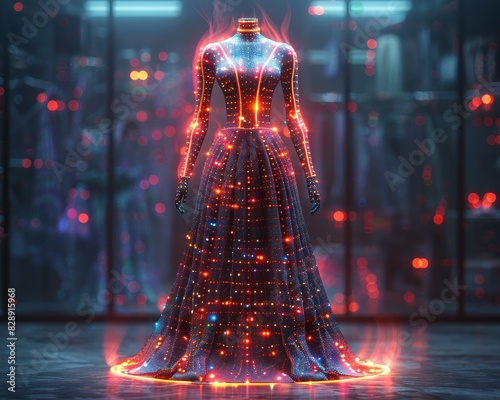 Futuristic dress form with holographic measuring tape, digital sewing patterns, neon lights, hightech fashion design photo