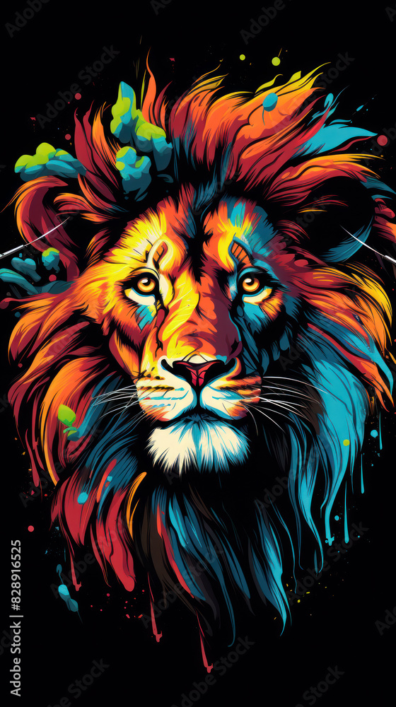 Rainbow lion with smudges of paint on a black background. Rainbow lion with smudges of paint on a black background.