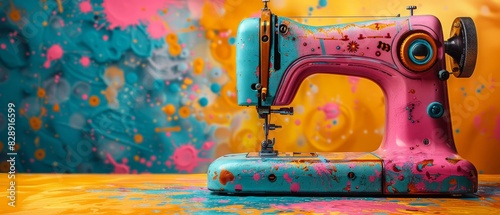 Pop art sewing machine with bold colors, fabric rolls in comic style, exaggerated tailor tools, bright and playful design