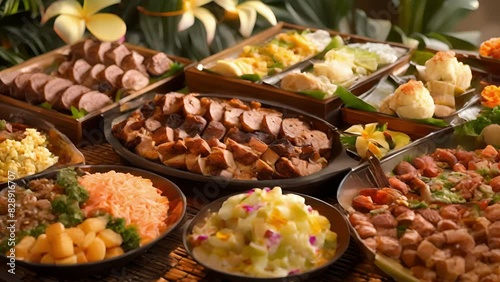 A traditional Hawaiian luaustyle buffet overflowing with dishes such as kalua pig and haupia for a taste of authentic island cuisine. photo