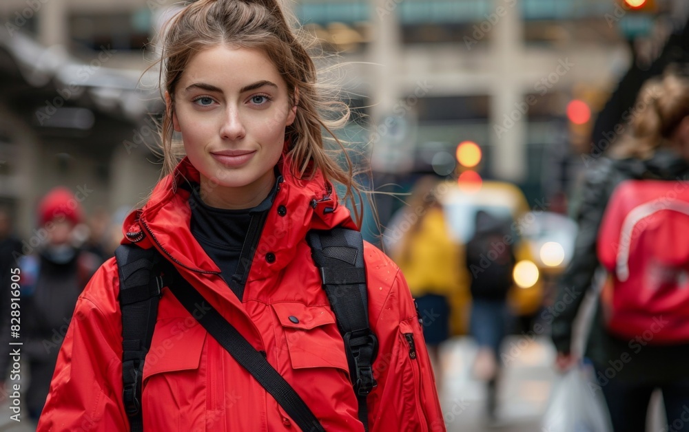Fototapeta premium A young woman in a red jacket is walking down a city street
