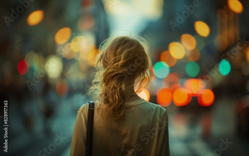 A young woman walking alone on a street at night with blurred background of buildings and street lights