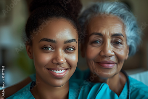 beautiful African American with Hazel eyes home care model helping her African American elderly parent , African American caregiver provides support, comfort, friendship and companionship