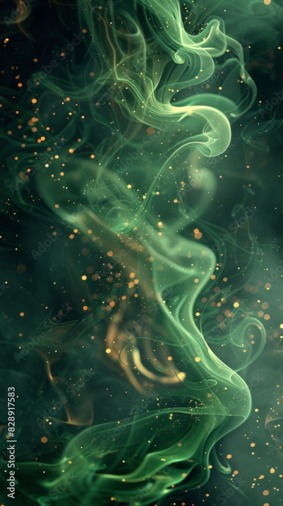 Obraz premium A swirling green smoke background dotted with shimmering gold flecks