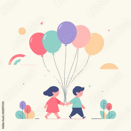 happy kids. illustration of children walking with colorful balloons