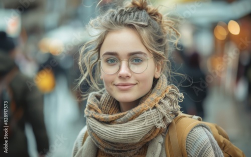 A young woman wearing glasses and a scarf walks down the street