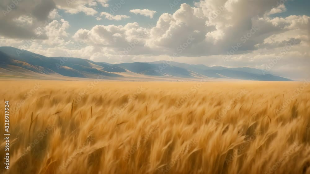 Wheat field with mountains in the background under blue sky, A field of golden wheat swaying in the breeze, framing a distant mountain range Wheat field with mountains in the background under blue sky, A field of golden wheat swaying in the breeze, framing a distant mountain range