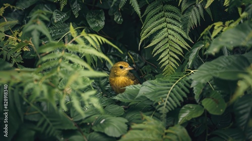 Emberiza citrinella is concealed within the vegetation photo