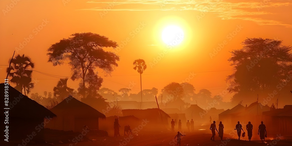 Obraz premium African village at sunset with people walking ideal wall decor. Concept African Village, Sunset, People Walking, Wall Decor, Cultural Art