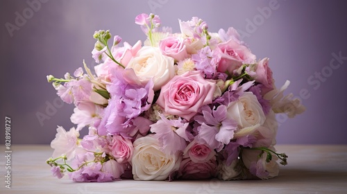 Wedding floral fantasy. Beautiful bouquet or floral arrangement with pink lavender and white flowers against lavender backdrop. 
