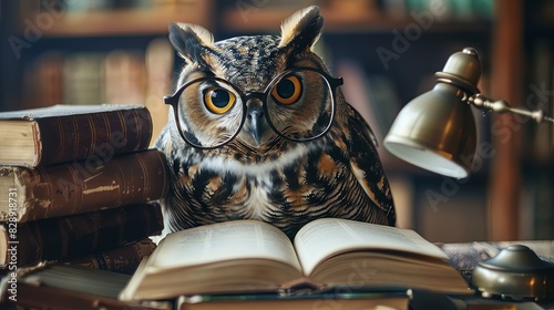 An owl wearing a oversized reading glasses carefully reading a book. 