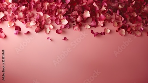 Fragrant flowers petals in red-pink hues arranged on pink backdrop, romantic card with copy space. 