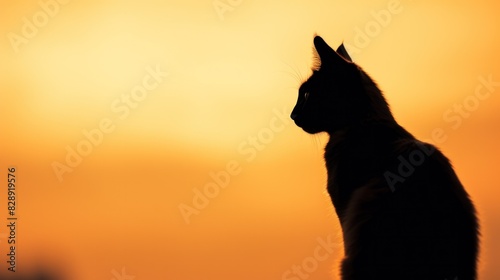 Silhouette of cat on sunset sky. © vlntn