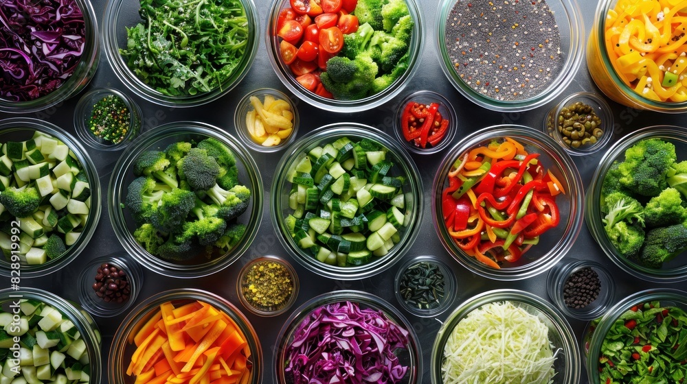 Top-view of a vibrant salad bar setup with bowls of fresh greens, colorful vegetables, and a variety of toppings. The clean and fresh presentation leaves plenty of copy space for text. Ideal for Top-view of a vibrant salad bar setup with bowls of fresh greens, colorful vegetables, and a variety of toppings. The clean and fresh presentation leaves plenty of copy space for text. Ideal for