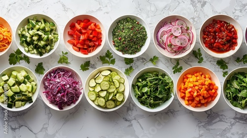 Top-view of a vibrant salad bar setup with bowls of fresh greens, colorful vegetables, and a variety of toppings. The clean and fresh presentation leaves plenty of copy space for text. Ideal for