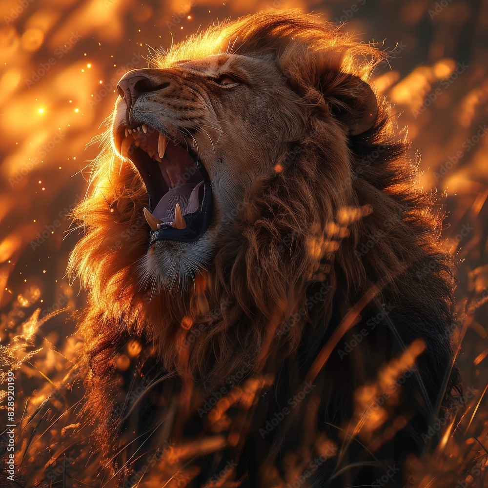 Naklejka premium A powerful lion roars on top of a grassy hill during sunset