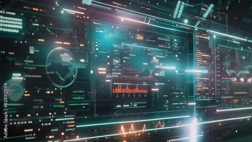 Futuristic Display With Neon Lights, A futuristic blackboard display with holographic projections and digital data streaming across the screen Futuristic Display With Neon Lights, A futuristic blackboard display with holographic projections and digital data streaming across the screen