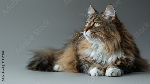 A domestic long haired cat lying down and looking sideways in a horizontal photograph photo
