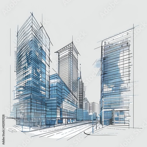 Architectural drawing of urban city buildings with lines and strokes  using a white background. Include modern highrise office buildings on both sides  with curved shapes and glass curtain walls.