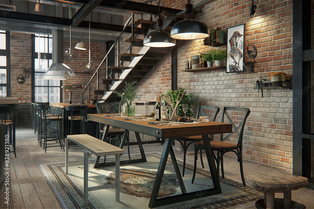 Naklejka premium Interior Design for Dining Spaces with Exposed Brick Walls and Reclaimed Wood Dining Table